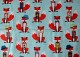 Tissus en coton TURQUOISE motif "MONSIEUR RENARD" rouge/noir/blanc