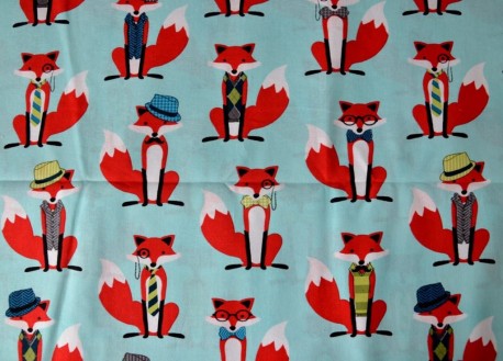 Tissus en coton TURQUOISE motif "MONSIEUR RENARD" rouge/noir/blanc