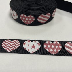 Ruban gros grain "Cœur rouge et blanc" noir
