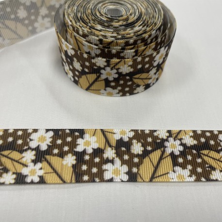 Ruban gros grain "Feuilles margerittes" marron