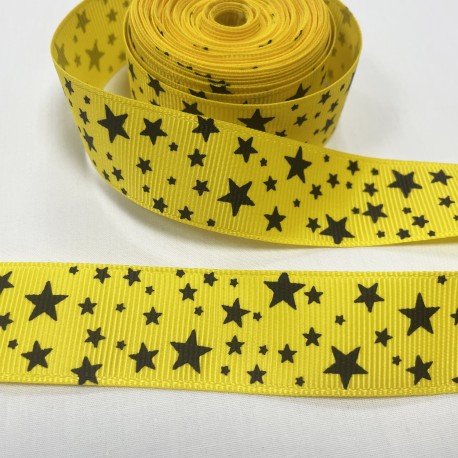 Ruban gros grain "Etoiles noire" Jaune